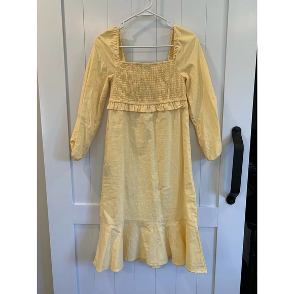 NWT 7 For All Mankind Yellow Smocked Linen Midi Dress - Picture 5 of 8
